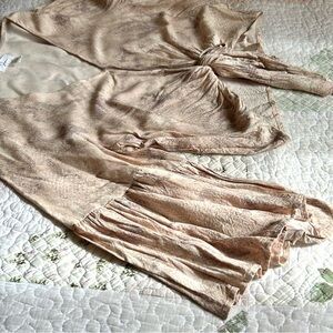 Tan Pleated Tie Front Blouse with 3/4 Sleeves